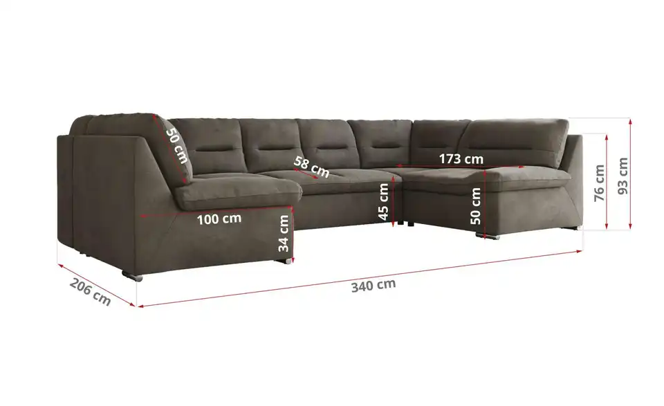Wohnlandschaft Hellgrau, Bemaßung