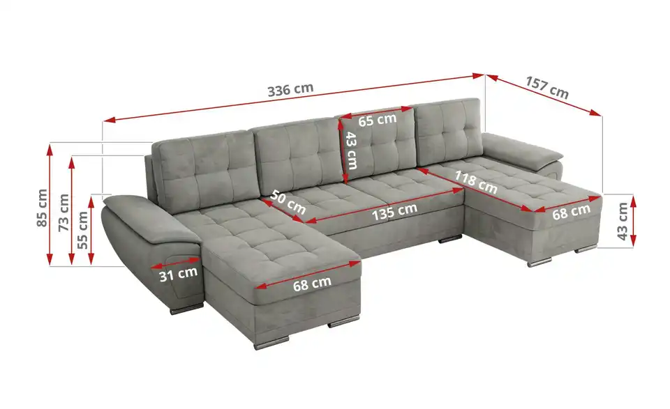 Wohnlandschaft Umbria mit Schlaffunktion, Bemaßung