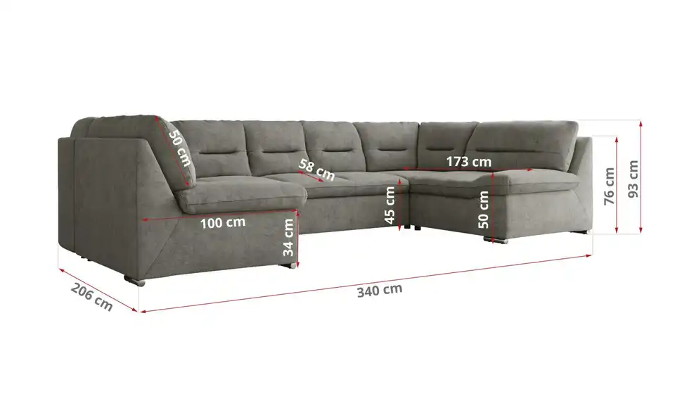 Wohnlandschaft Hellgrau, Bemaßung