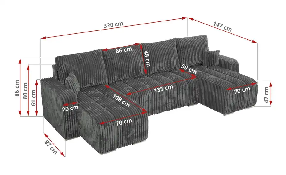 Wohnlandschaft Dunkelgrau, Bemaßung
