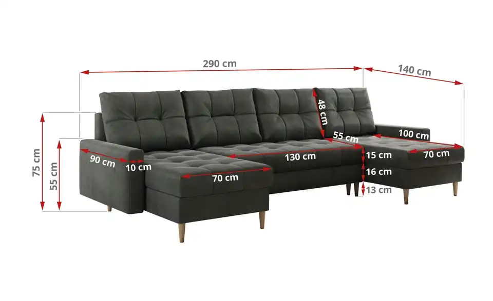 Wohnlandschaft Astra mit Schlaffunktion, Bemaßung