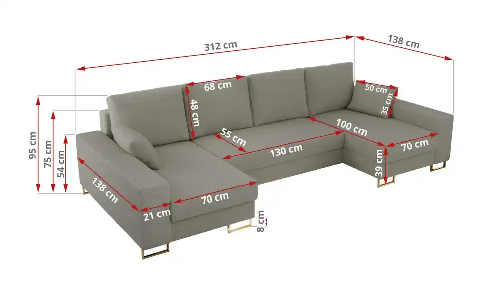 Wohnlandschaft Hellgrau, Bemaßung