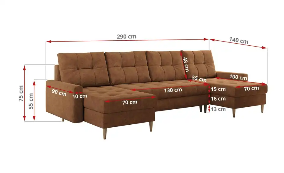 Wohnlandschaft Astra mit Schlaffunktion, Bemaßung