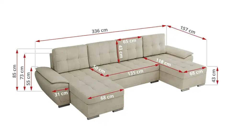 Wohnlandschaft Umbria mit Schlaffunktion, Bemaßung