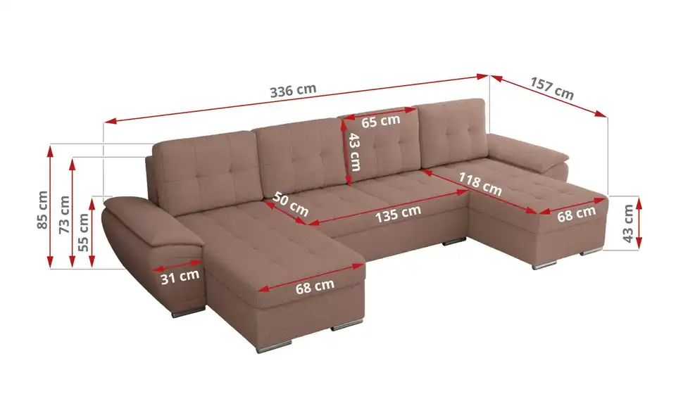 Wohnlandschaft Umbria mit Schlaffunktion, Bemaßung