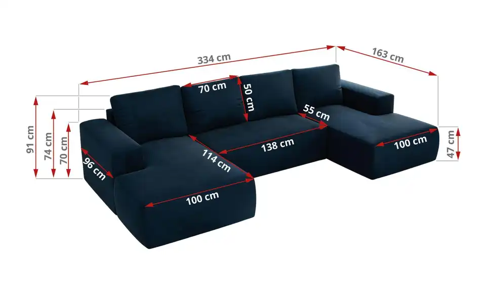 Wohnlandschaft Dunkelblau, Bemaßung