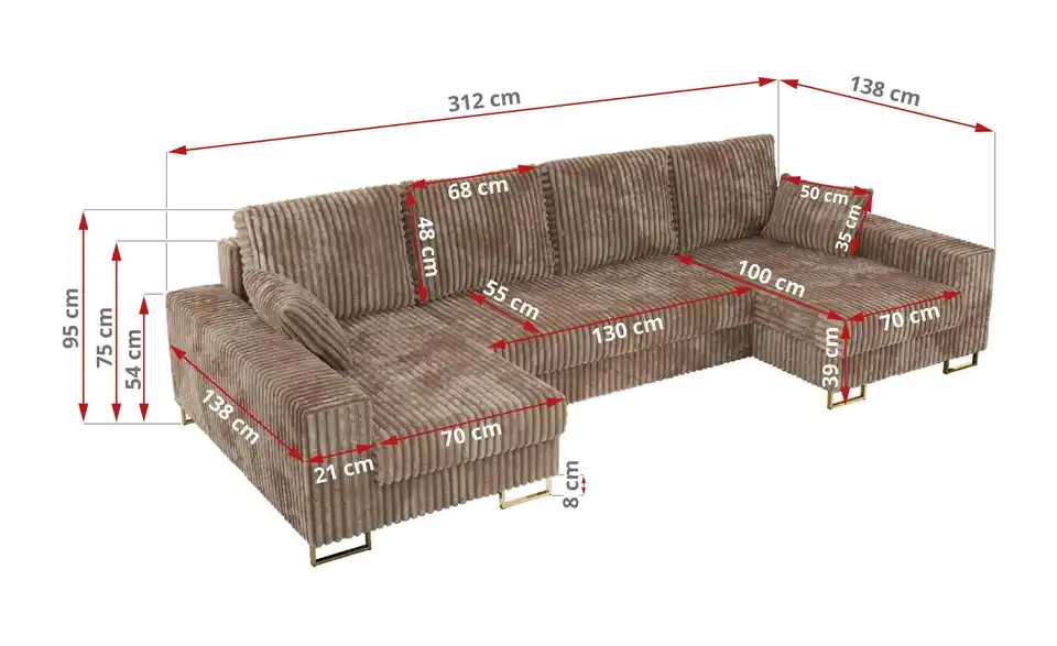Wohnlandschaft Dorain mit Schlaffunktion, Bemaßung