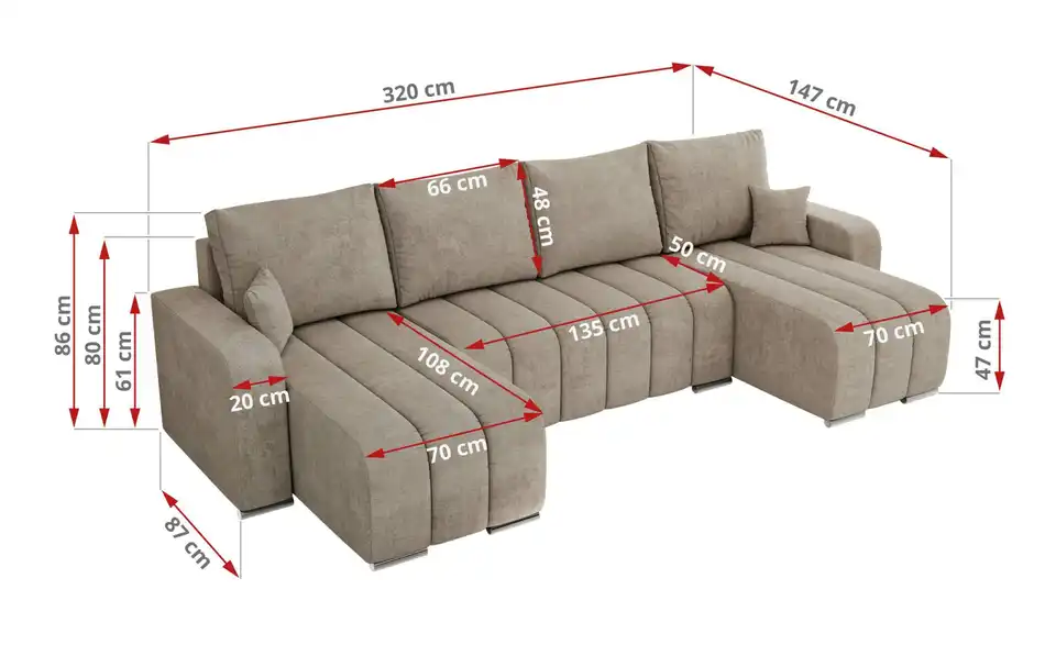 Wohnlandschaft Beige, Bemaßung