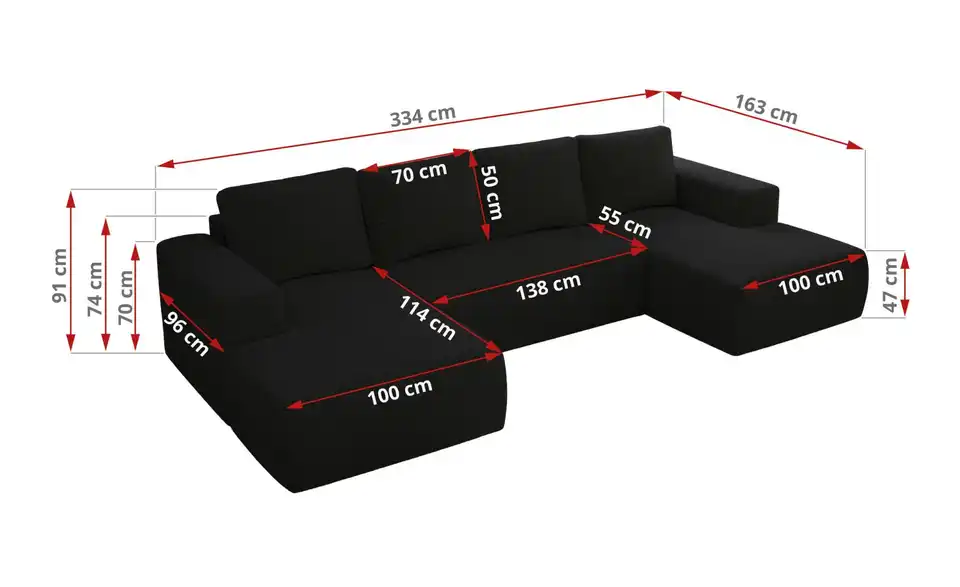 Wohnlandschaft Schwarz, Bemaßung