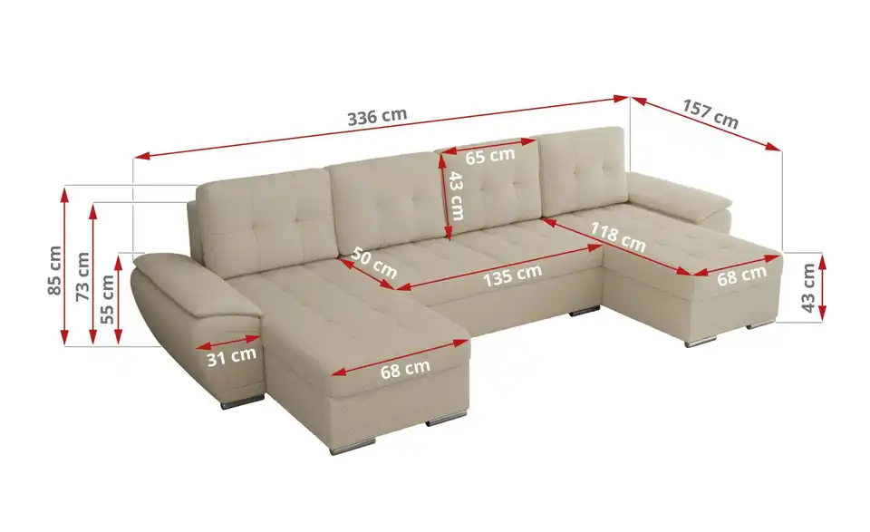 Wohnlandschaft Umbria mit Schlaffunktion, Bemaßung