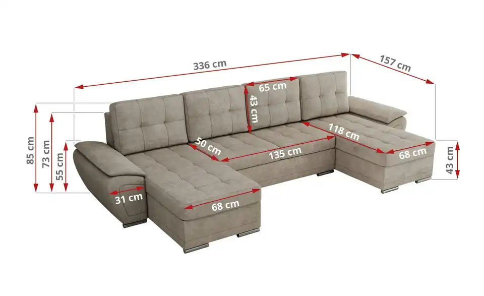 Wohnlandschaft Umbria mit Schlaffunktion, Bemaßung