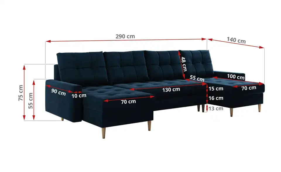 Wohnlandschaft Astra mit Schlaffunktion, Bemaßung