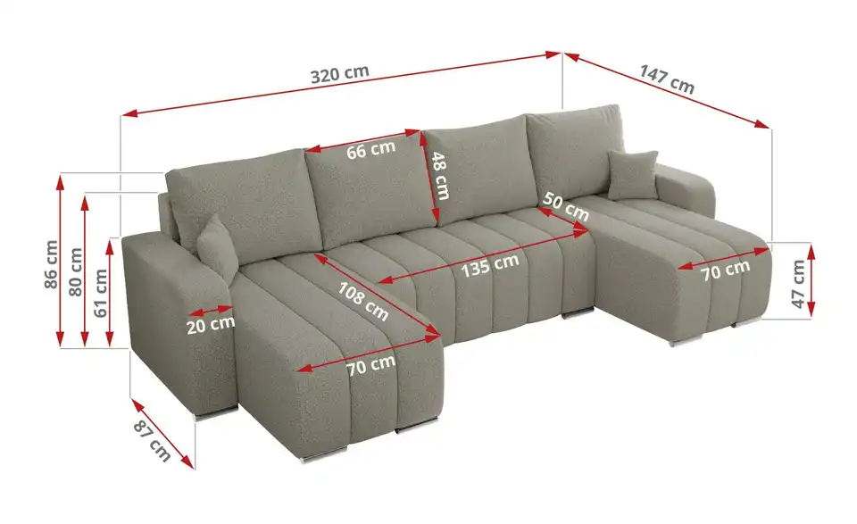 Wohnlandschaft Hellgrau, Bemaßung