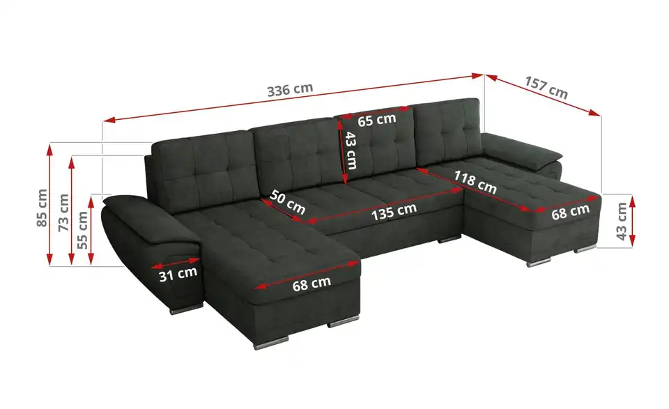 Wohnlandschaft Umbria mit Schlaffunktion, Bemaßung