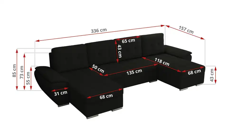 Wohnlandschaft Umbria mit Schlaffunktion, Bemaßung