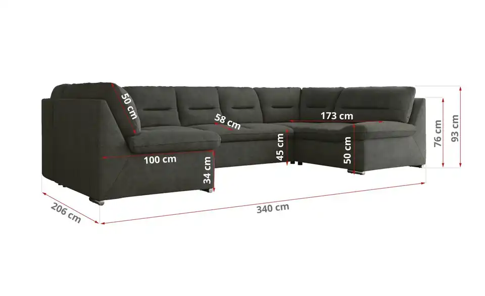 Wohnlandschaft Hellgrau, Bemaßung