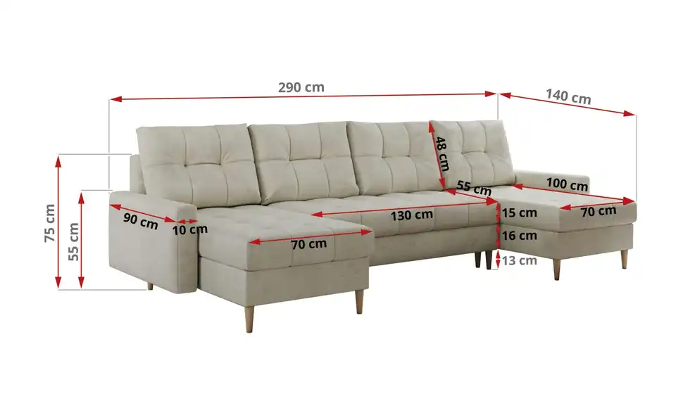 Wohnlandschaft Astra mit Schlaffunktion, Bemaßung