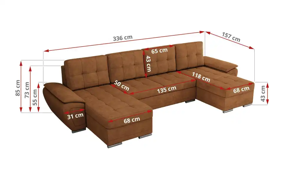 Wohnlandschaft Umbria mit Schlaffunktion, Bemaßung