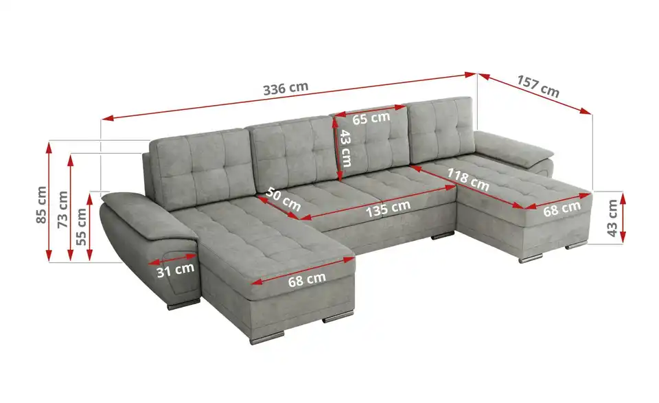 Wohnlandschaft Umbria mit Schlaffunktion, Bemaßung