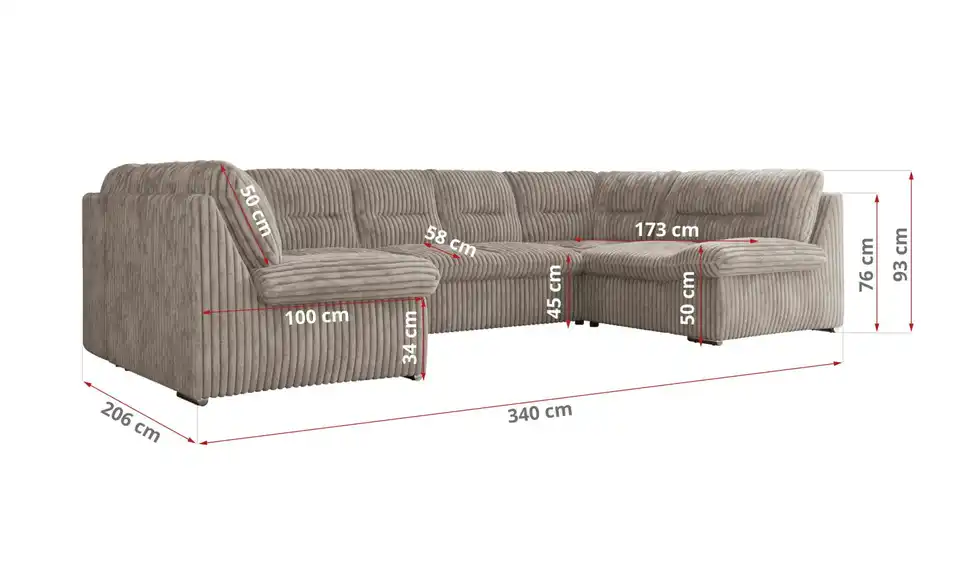 Wohnlandschaft Hellgrau, Bemaßung