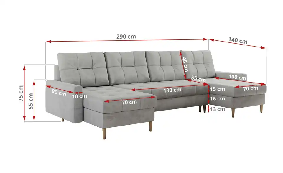 Wohnlandschaft Astra mit Schlaffunktion, Bemaßung