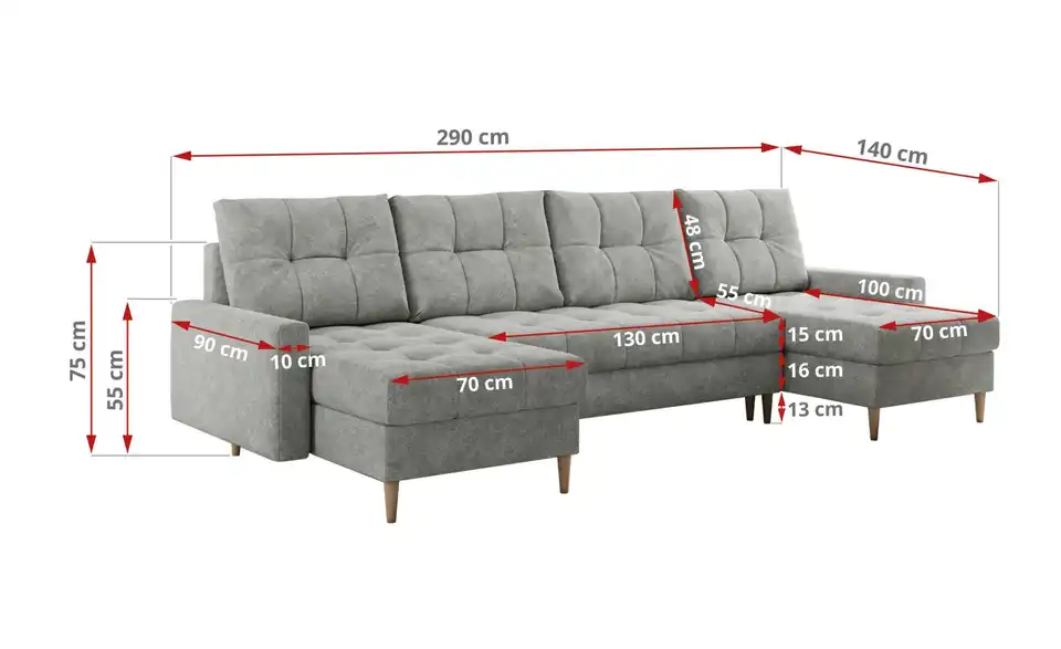 Wohnlandschaft Astra mit Schlaffunktion, Bemaßung