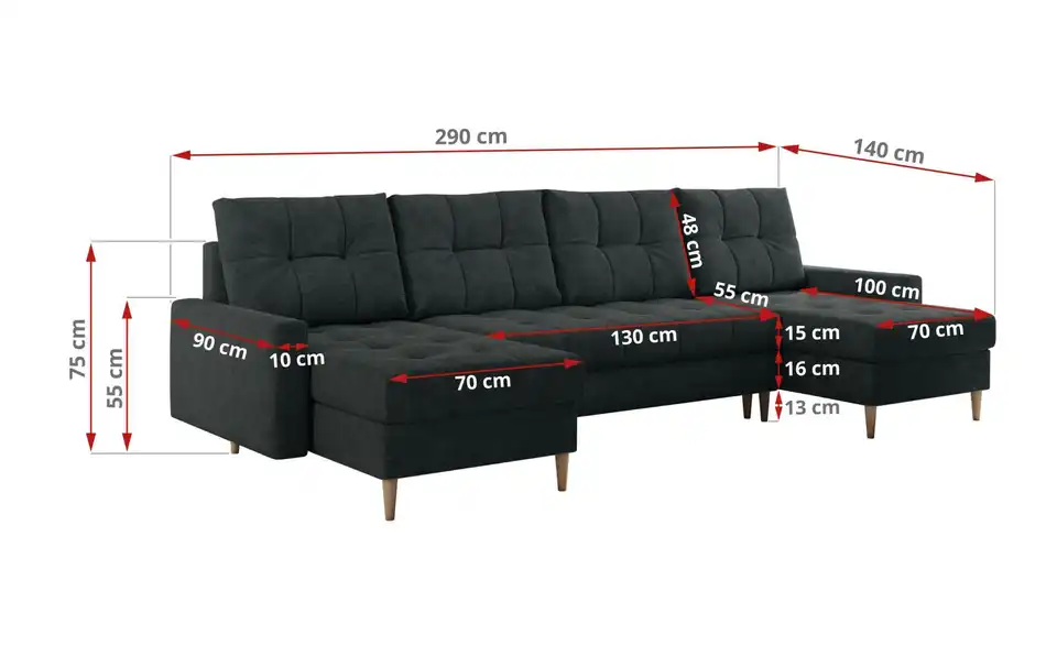 Wohnlandschaft Astra mit Schlaffunktion, Bemaßung