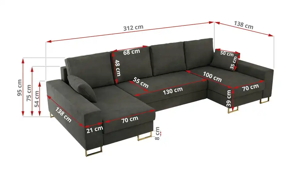 Wohnlandschaft Dorain mit Schlaffunktion, Bemaßung