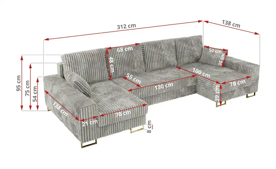 Wohnlandschaft Dorain mit Schlaffunktion, Bemaßung
