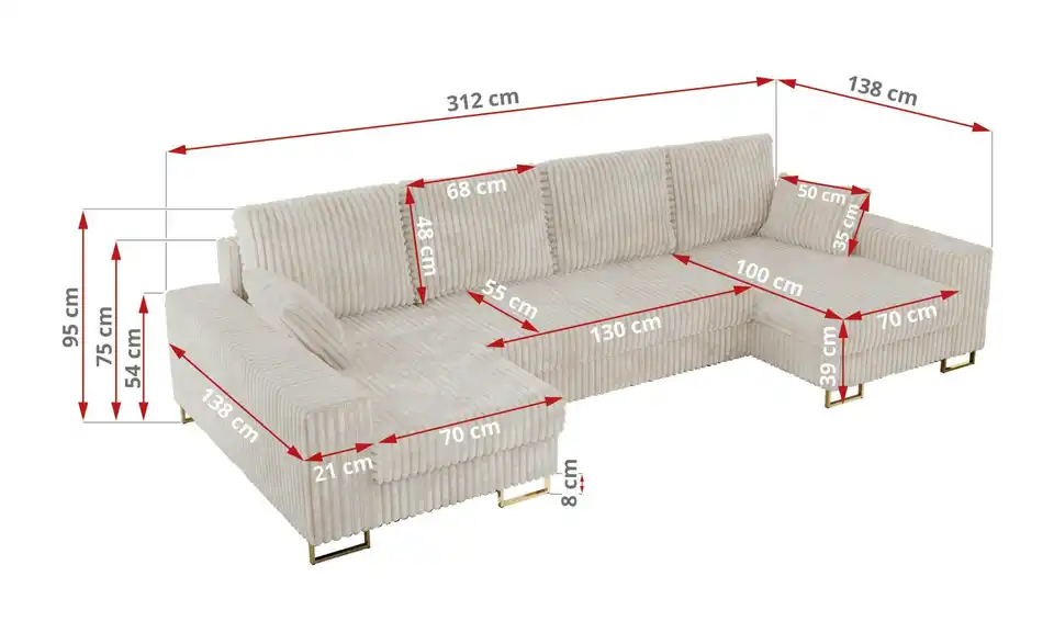 Wohnlandschaft Dorain mit Schlaffunktion, Bemaßung