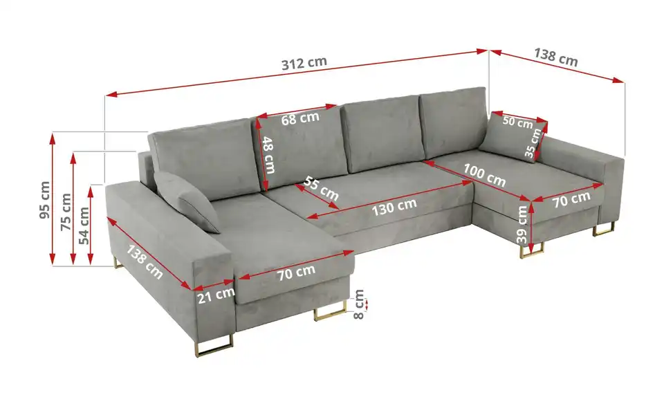 Wohnlandschaft Dorain mit Schlaffunktion, Bemaßung