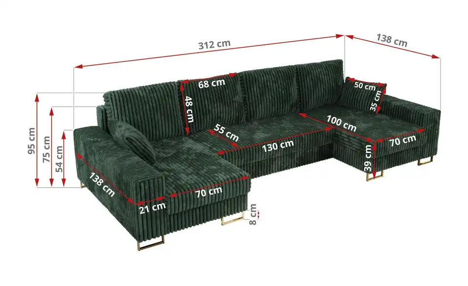 Wohnlandschaft Dorain mit Schlaffunktion, Bemaßung