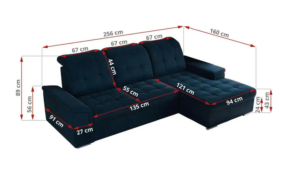 Ecksofa Madrito mit Schlaffunktion, Bemaßung