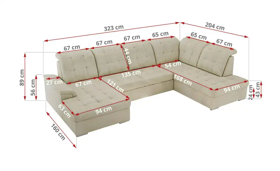 Wohnlandschaft Madrito mit Schlaffunktion, Bemaßung