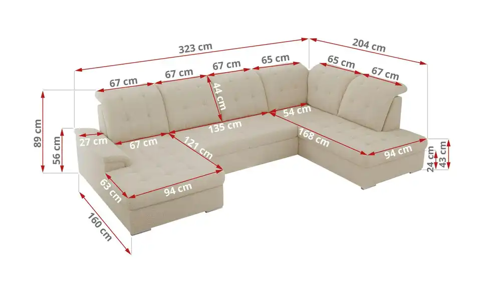 Wohnlandschaft Madrito mit Schlaffunktion, Bemaßung