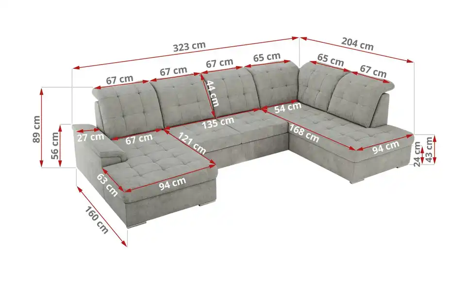 Wohnlandschaft Madrito mit Schlaffunktion, Bemaßung