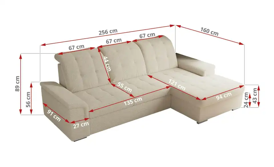 Ecksofa Madrito mit Schlaffunktion, Bemaßung