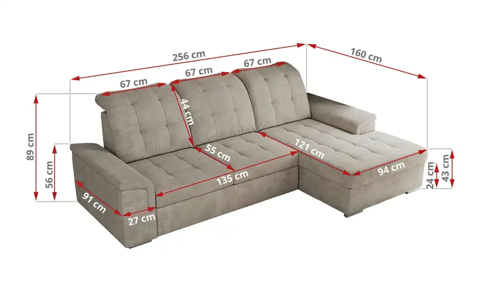 Ecksofa Madrito mit Schlaffunktion, Bemaßung