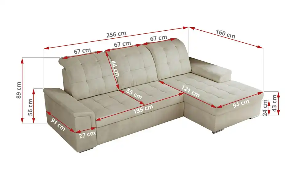 Ecksofa Madrito mit Schlaffunktion, Bemaßung