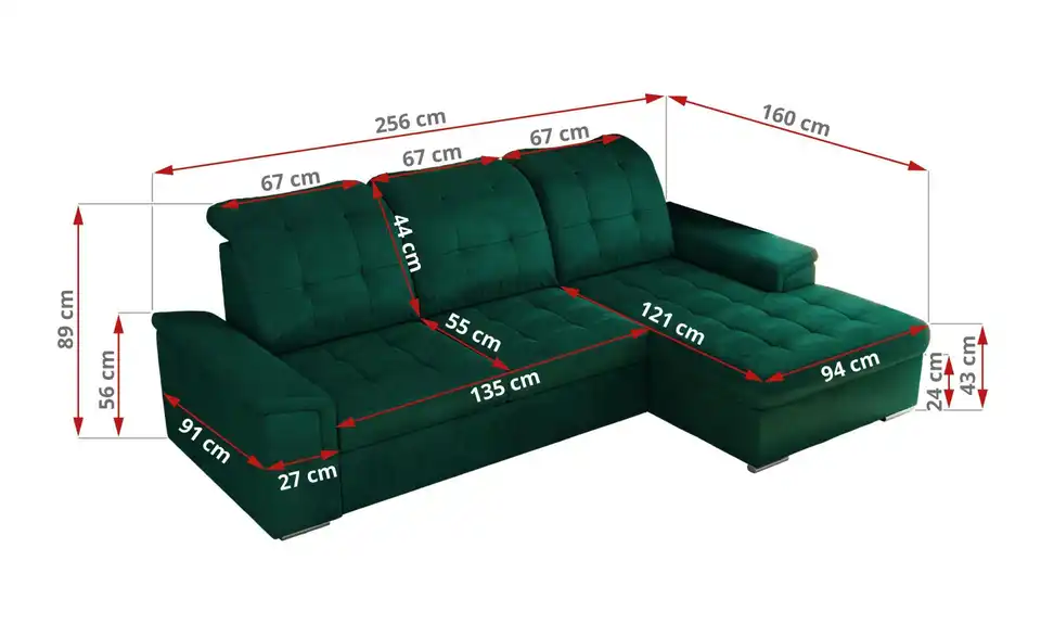 Ecksofa Madrito mit Schlaffunktion, Bemaßung
