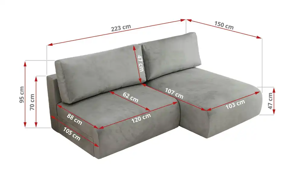 Ecksofa Vivo mit Schlaffunktion, Bemaßung