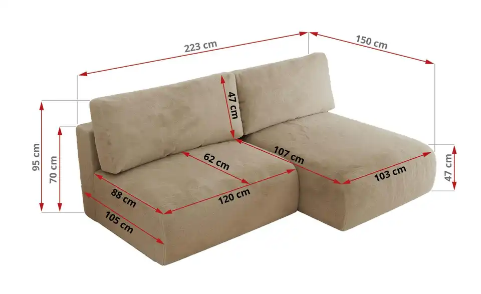 Ecksofa Vivo mit Schlaffunktion, Bemaßung