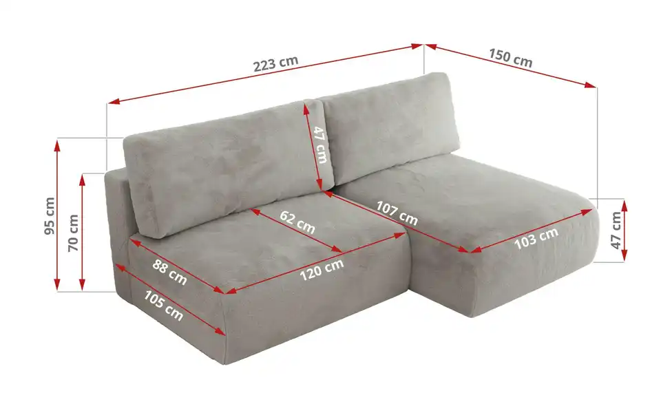 Ecksofa Vivo mit Schlaffunktion, Bemaßung