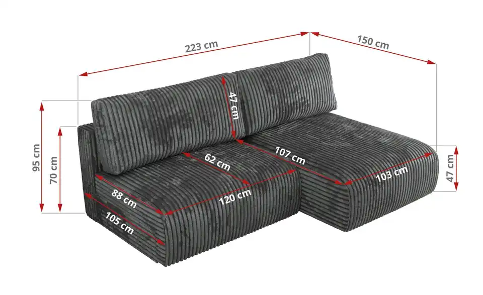 Ecksofa Vivo mit Schlaffunktion, Bemaßung
