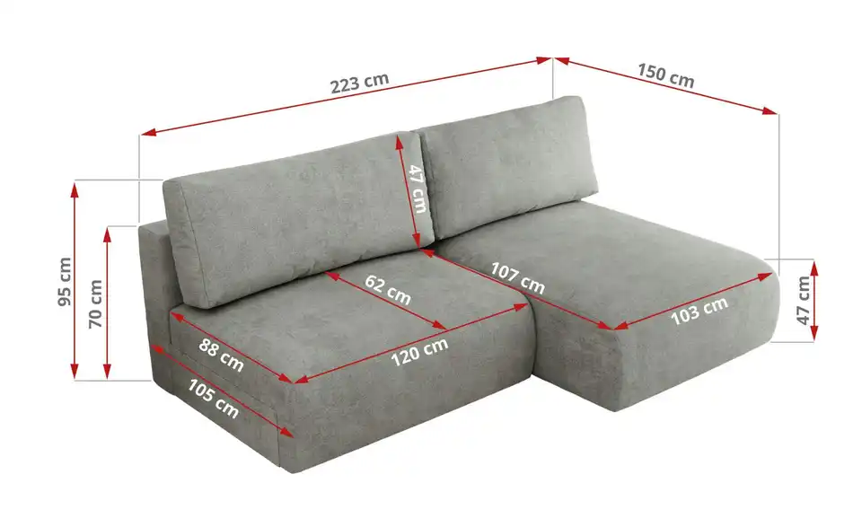 Ecksofa Vivo mit Schlaffunktion, Bemaßung
