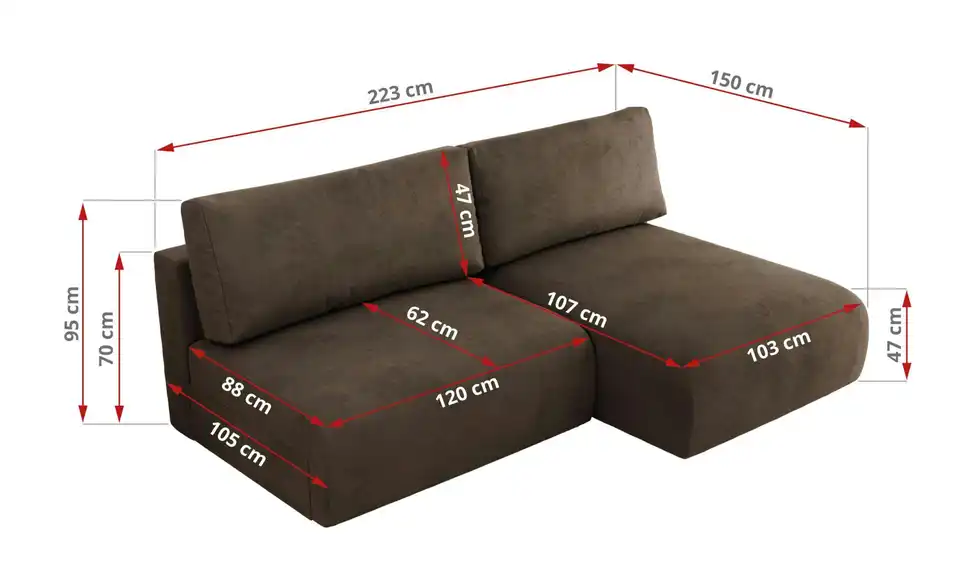 Ecksofa Vivo mit Schlaffunktion, Bemaßung
