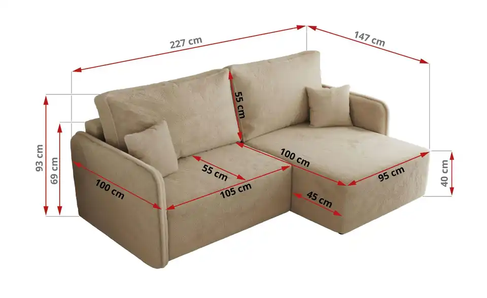 Ecksofa Beige, Bemaßung