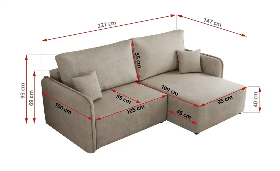 Ecksofa Beige, Bemaßung