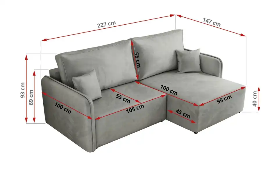 Ecksofa Hellgrau, Bemaßung