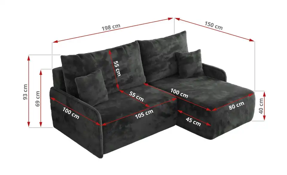 Ecksofa Arpa mit Schlaffunktion, Bemaßung